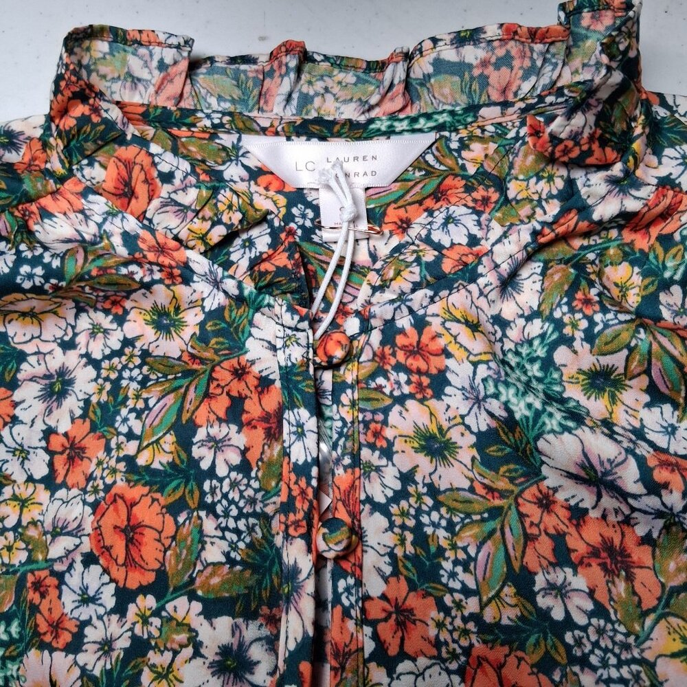Lauren Conrad Blouse Small Green Peach Floral Button Front Ruffle Country Flower - Picture 15 of 16